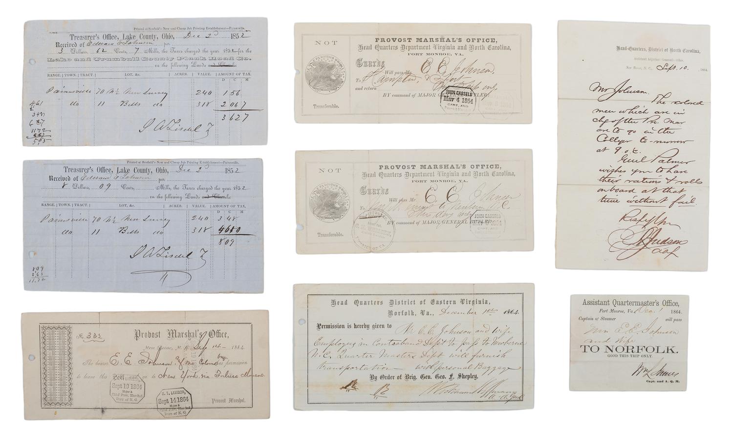 [CIVIL WAR]. A collection of documents related to Mr. Edward E. Johnson (ca 1824- ca 1901), assistant to the Reverend Horace James, Superintendent of Negro Affairs in North Carolina.