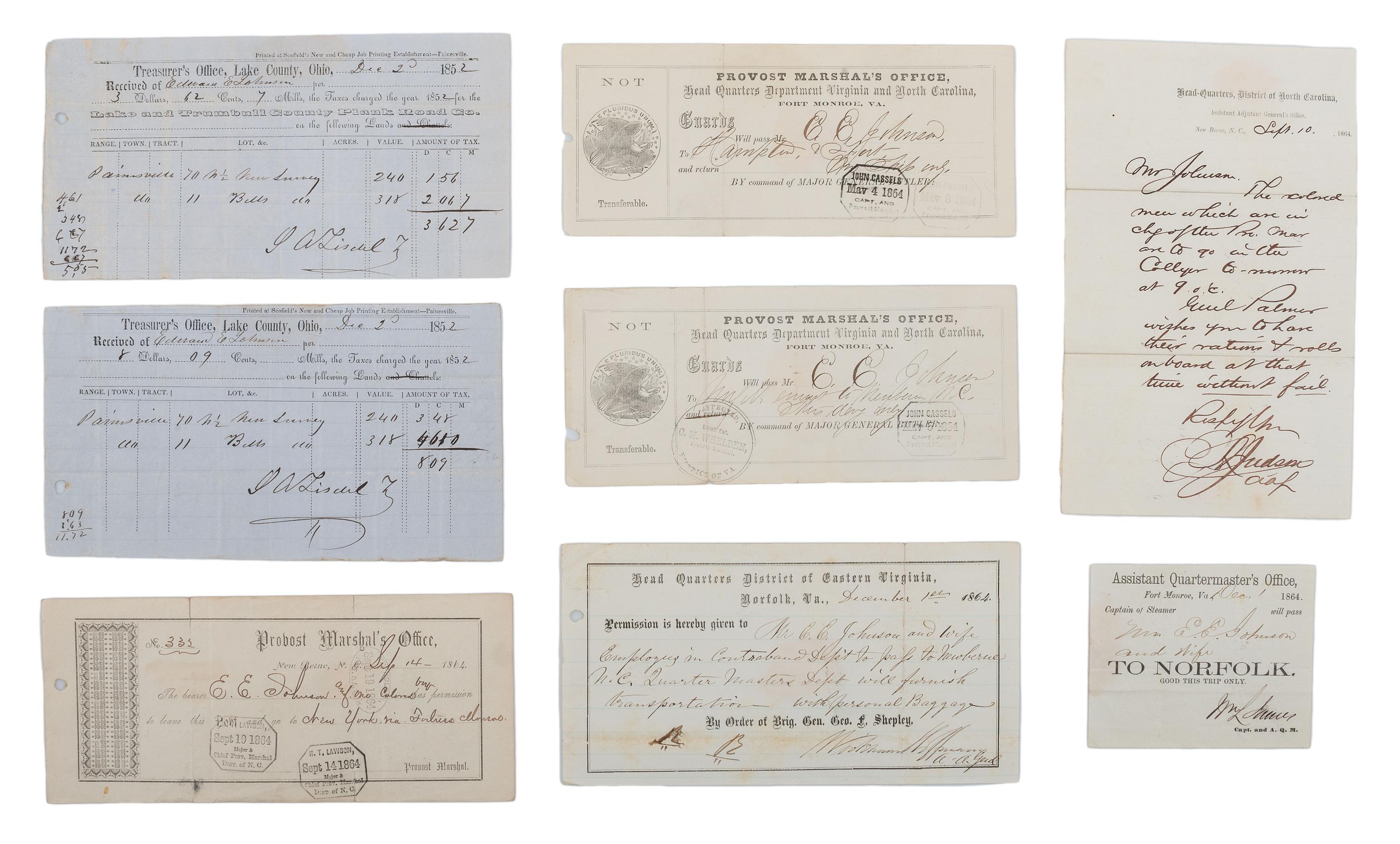 [CIVIL WAR]. A collection of documents related to Mr. Edward E. Johnson (ca 1824- ca 1901), assistant to the Reverend Horace James, Superintendent of Negro Affairs in North Carolina.