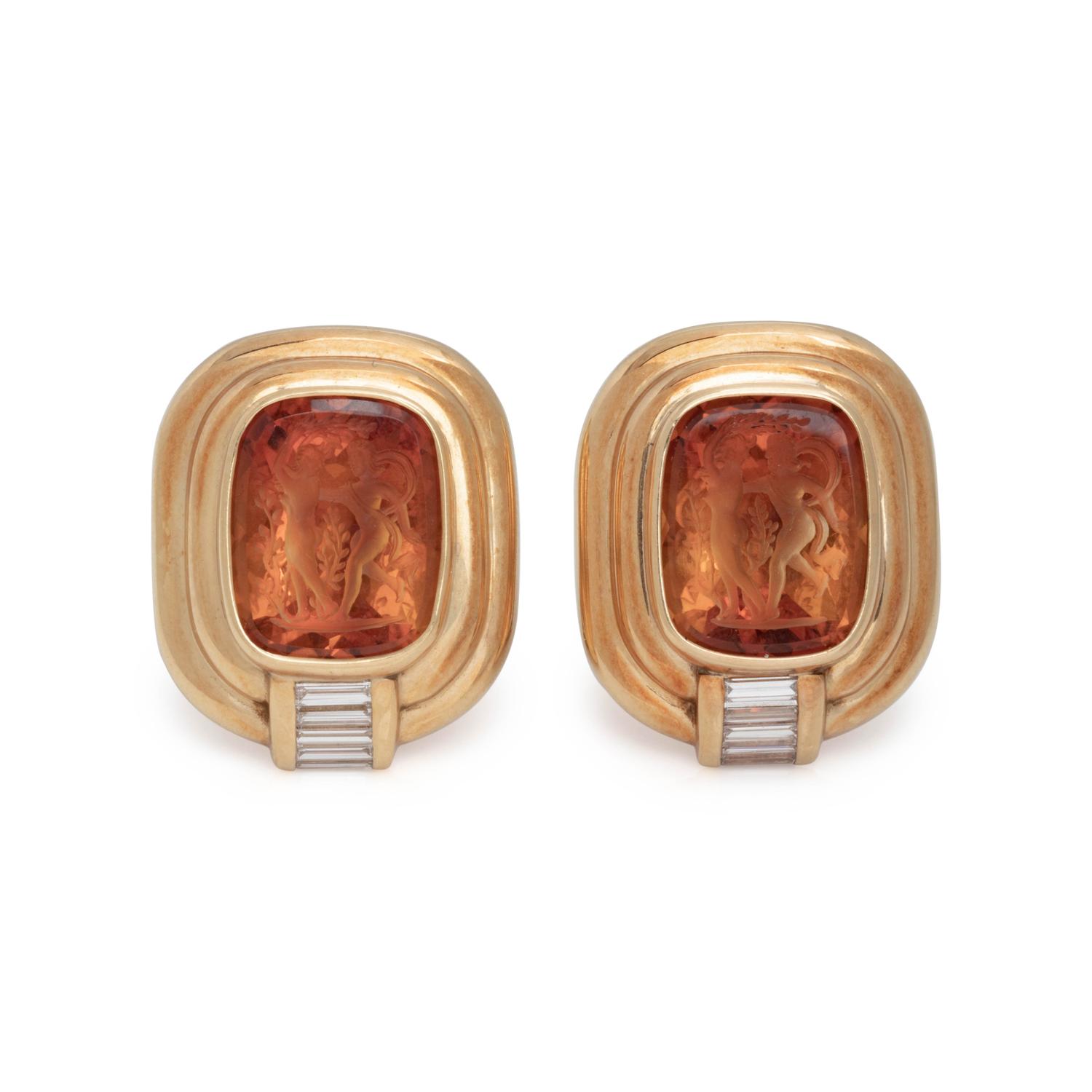 SUSAN BERMAN, CITRINE INTAGLIO AND DIAMOND EARCLIPS