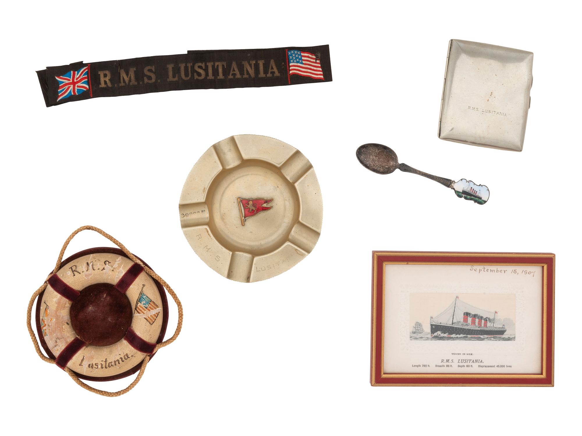 [TRANSPORTATION]. RMS Lusitania cap talley with additional souvenirs.
