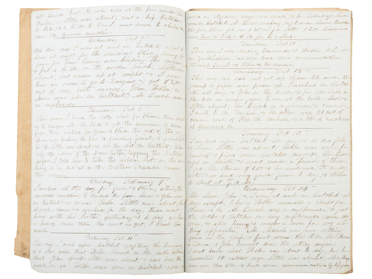America in Manuscript Diaries of machinist Nathaniel S. Raymond (1811-1860), containing detailed descriptions of skilled labor and ongoing business transactions. Lynn, Essex County, Massachusetts, 1855 and 1859.