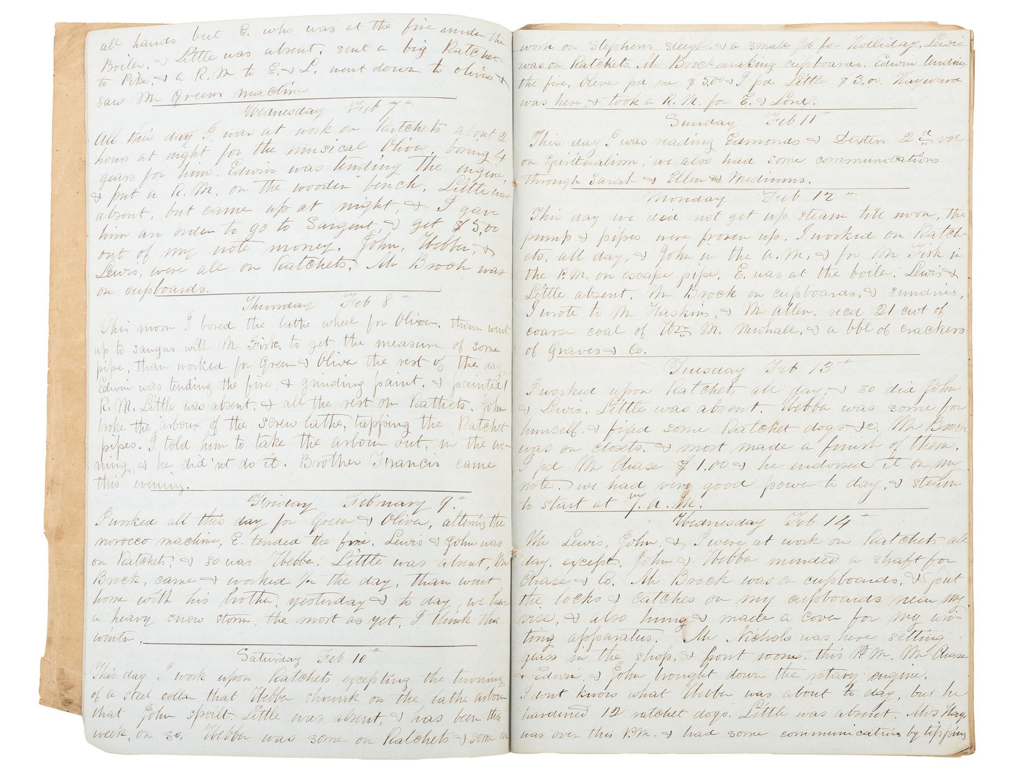 America in Manuscript Diaries of machinist Nathaniel S. Raymond (1811-1860), containing detailed descriptions of skilled labor and ongoing business transactions. Lynn, Essex County, Massachusetts, 1855 and 1859.