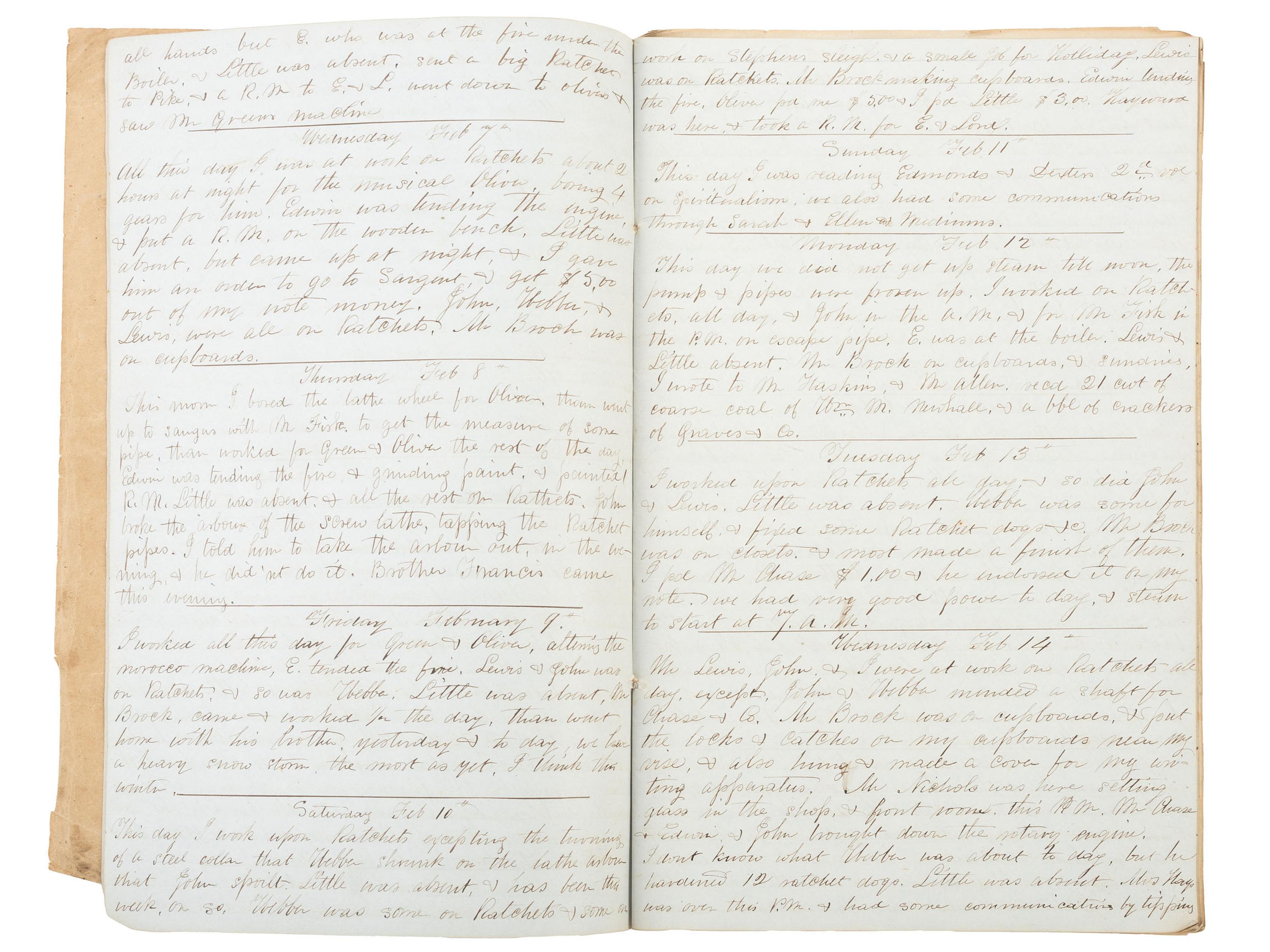 America in Manuscript Diaries of machinist Nathaniel S. Raymond (1811-1860), containing detailed descriptions of skilled labor and ongoing business transactions. Lynn, Essex County, Massachusetts, 1855 and 1859.