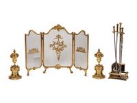 A Louis XV Style Gilt Bronze Fire Screen, a Set of Fire Tools and a Pair of Chenets