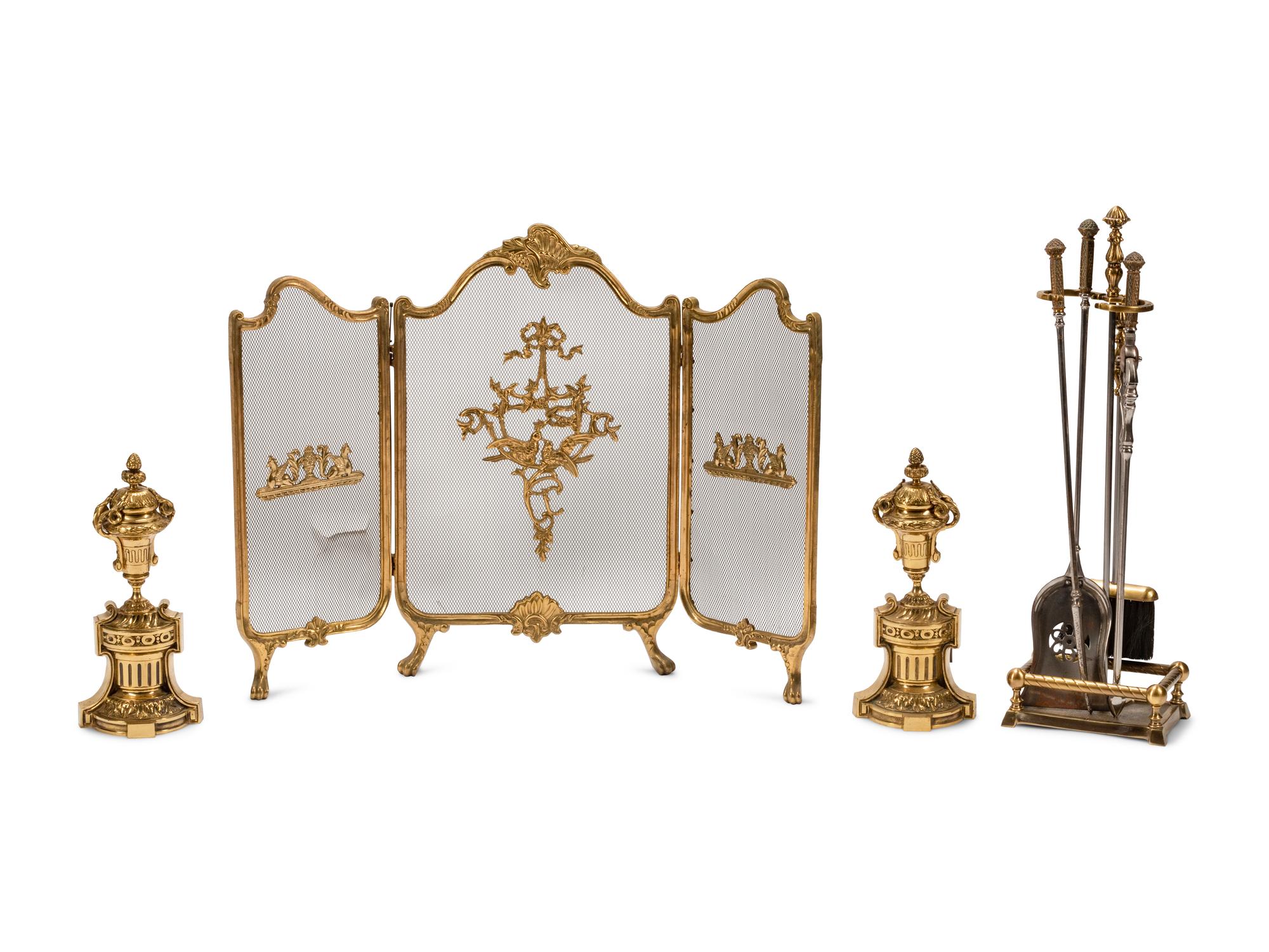 A Louis XV Style Gilt Bronze Fire Screen, a Set of Fire Tools and a Pair of Chenets