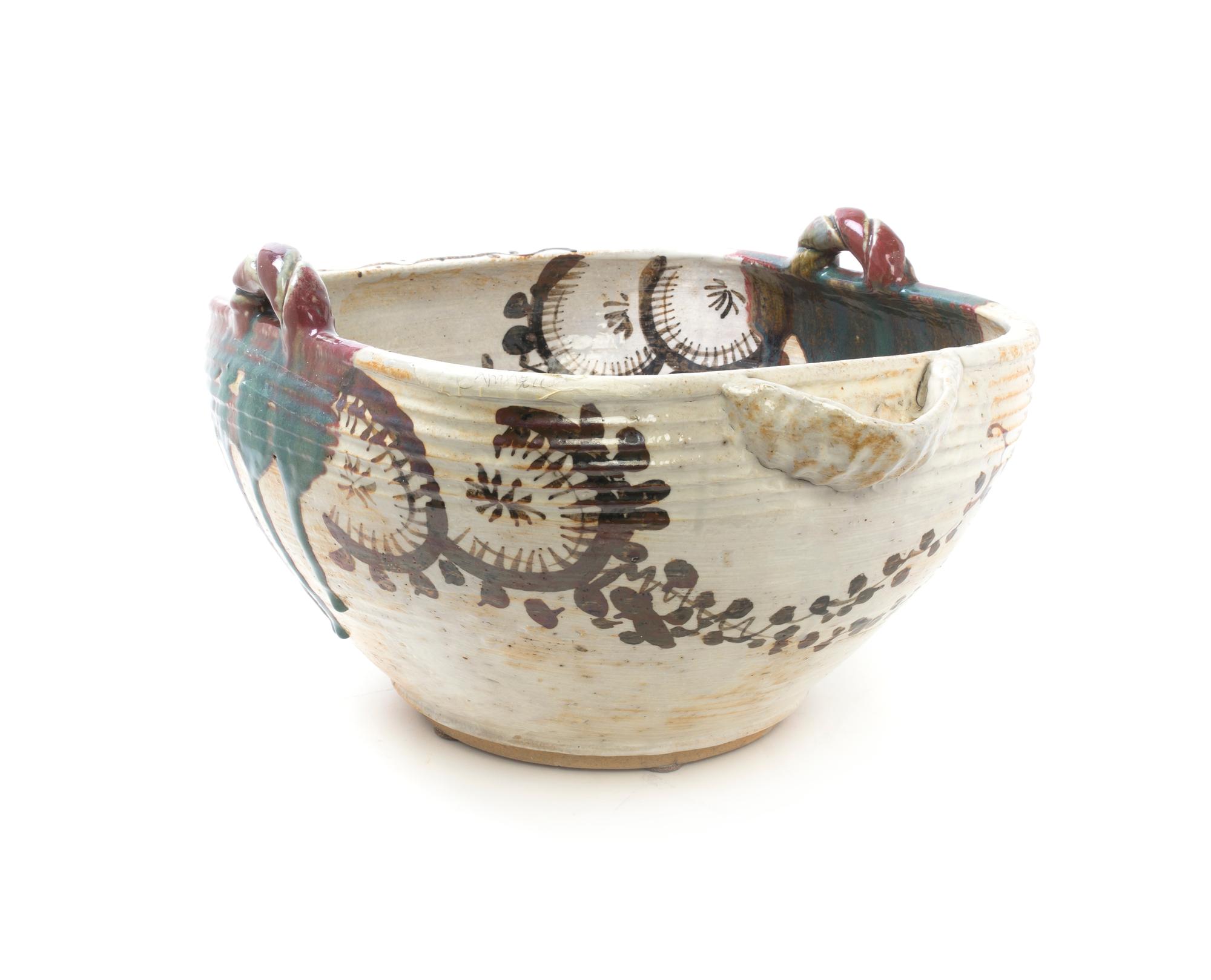 A Japanese Glazed Oribe Pottery Water Basin Height 12 x width 17 1/8 inches.
