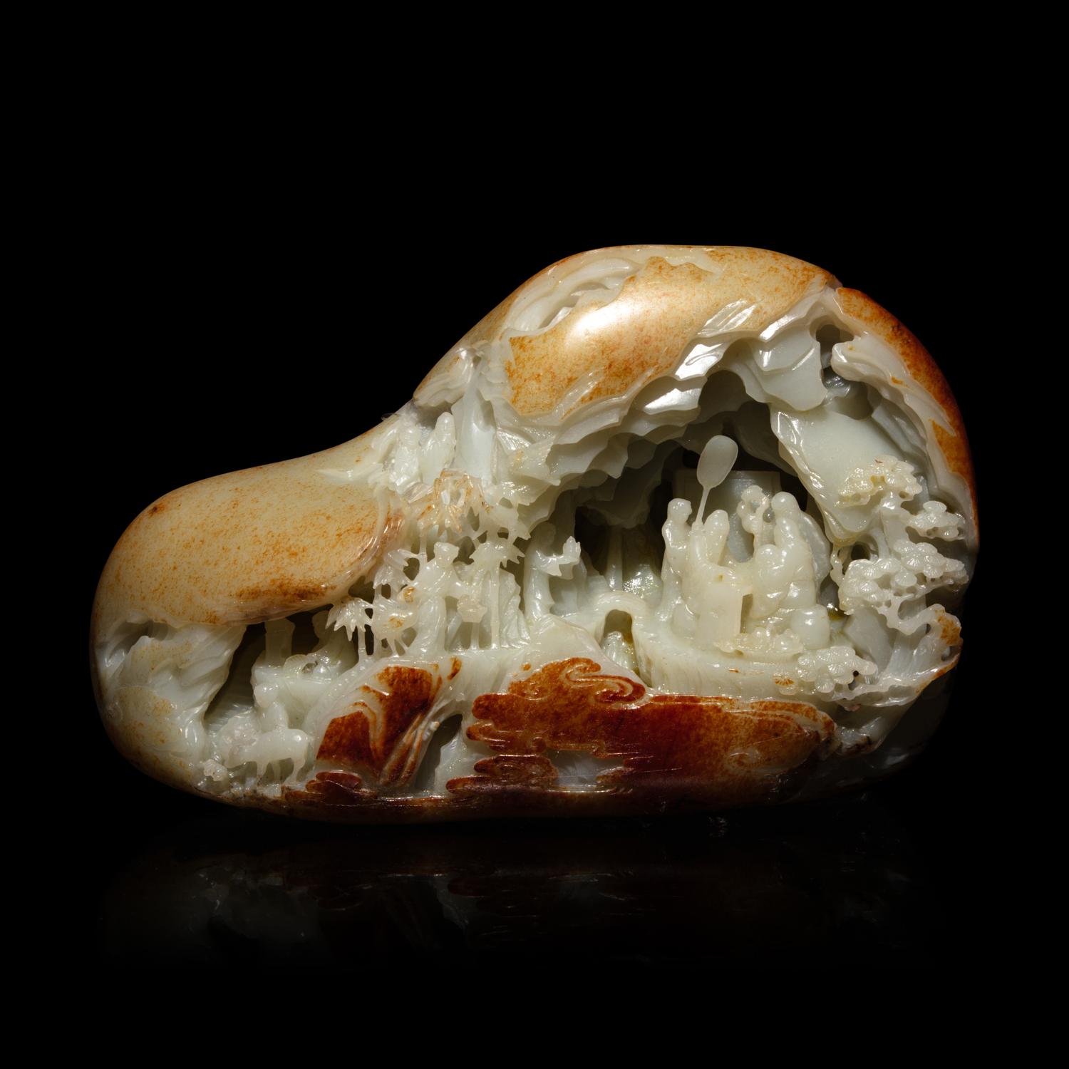A Chinese White and Russet Jade Boulder, 20th Century — 近代 白玉松下對弈圖山子