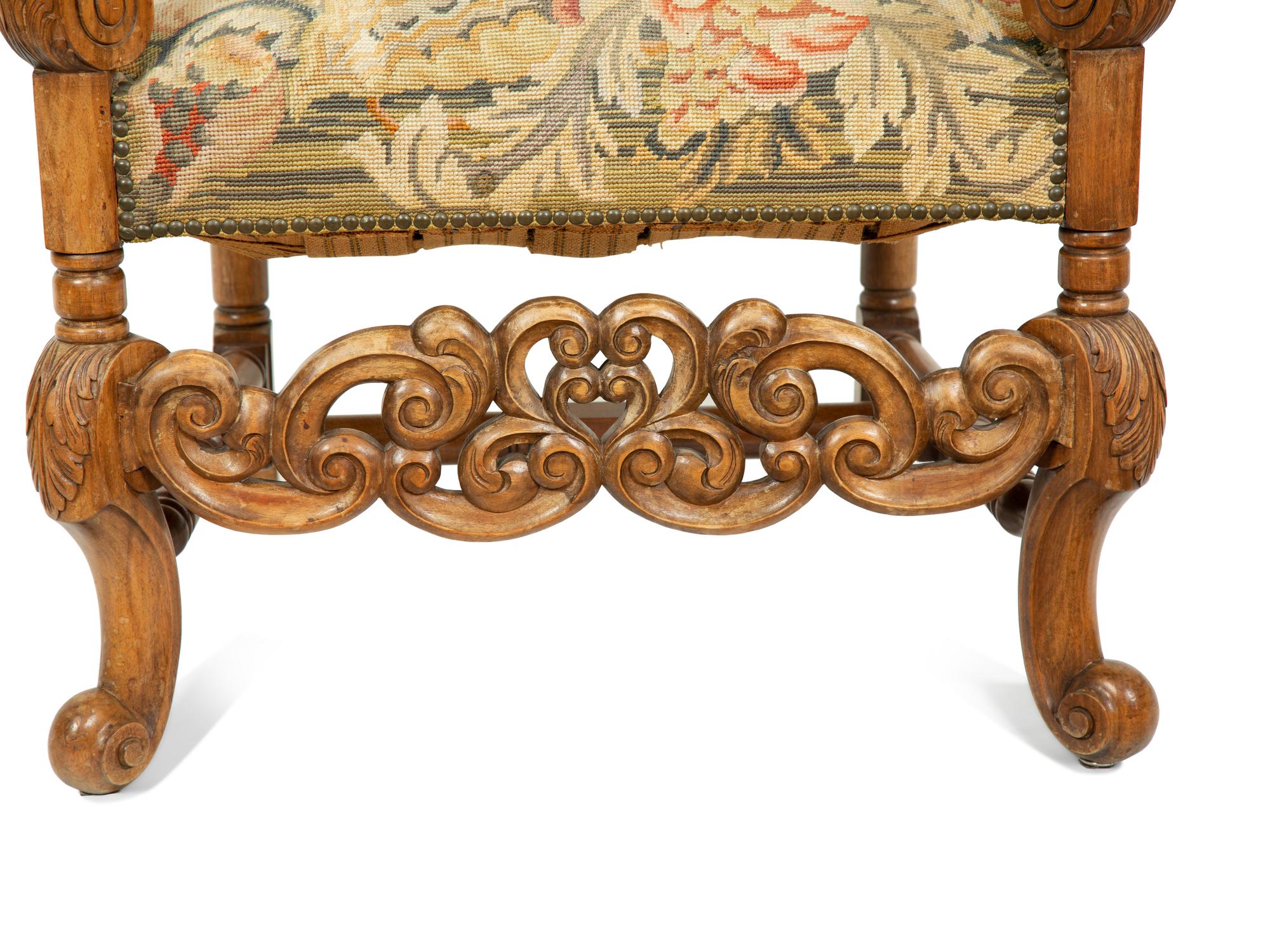 A Regence Style Carved Oak High Back Armchair with Needlework Upholstered Back and Seat — 19TH CENTURY