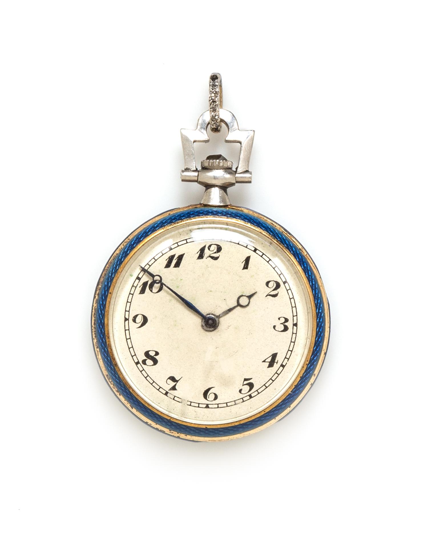 An Edwardian 18 Karat Yellow Gold, Platinum, Diamond and Enamel Pendant Watch, French, 12.10 dwts.