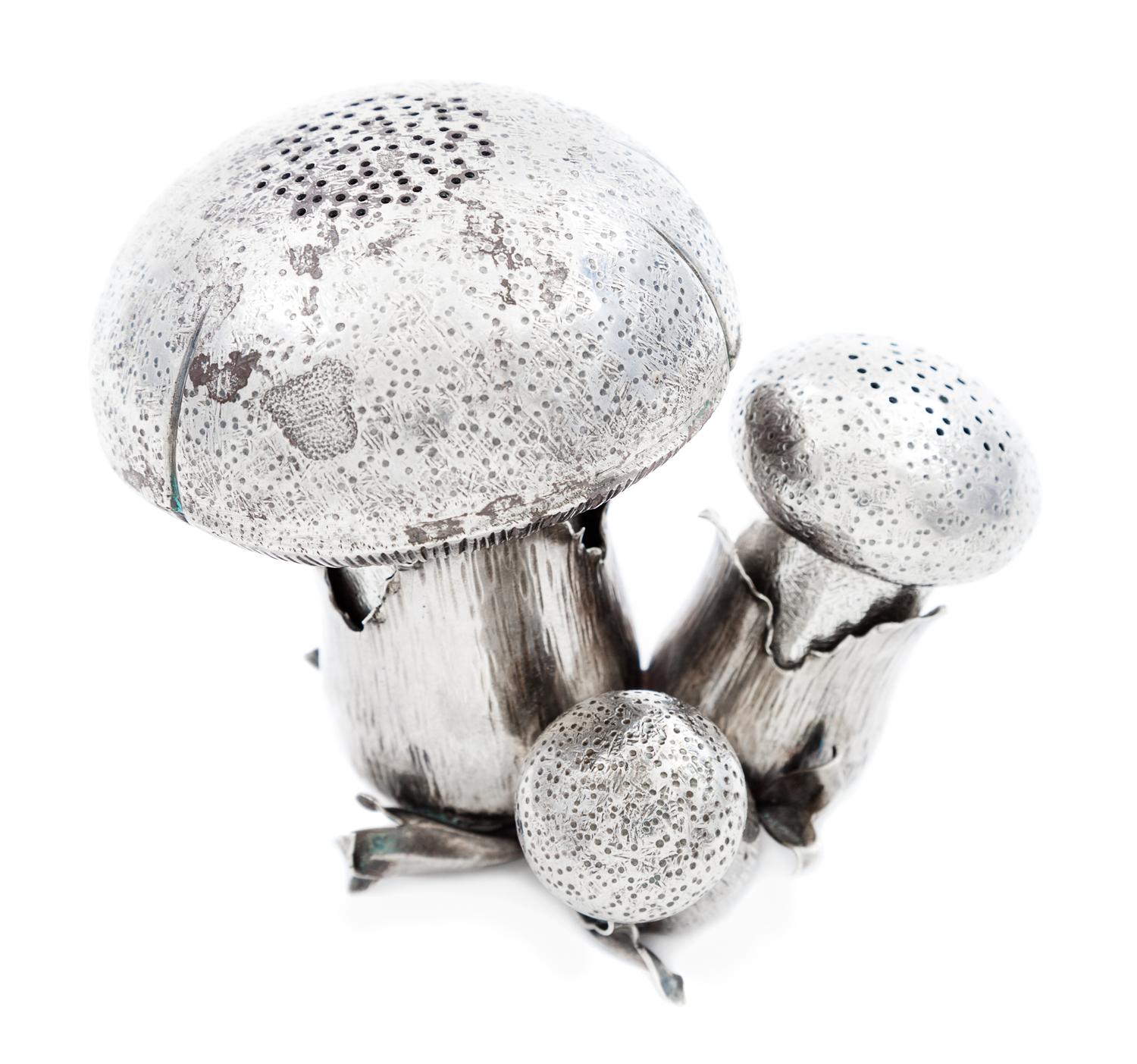 An Italian Silver Salt and Pepper Set, Buccellati, in the form of three mushrooms.
