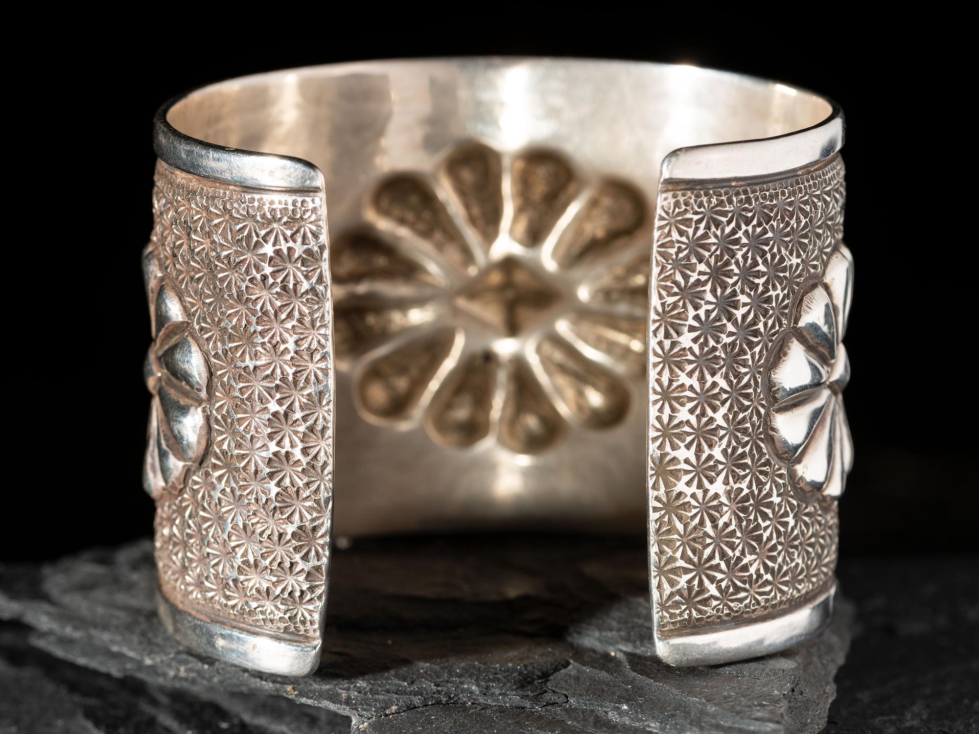 Heavily Stamped Silver Cuff Bracelet, with Repousse Designs
