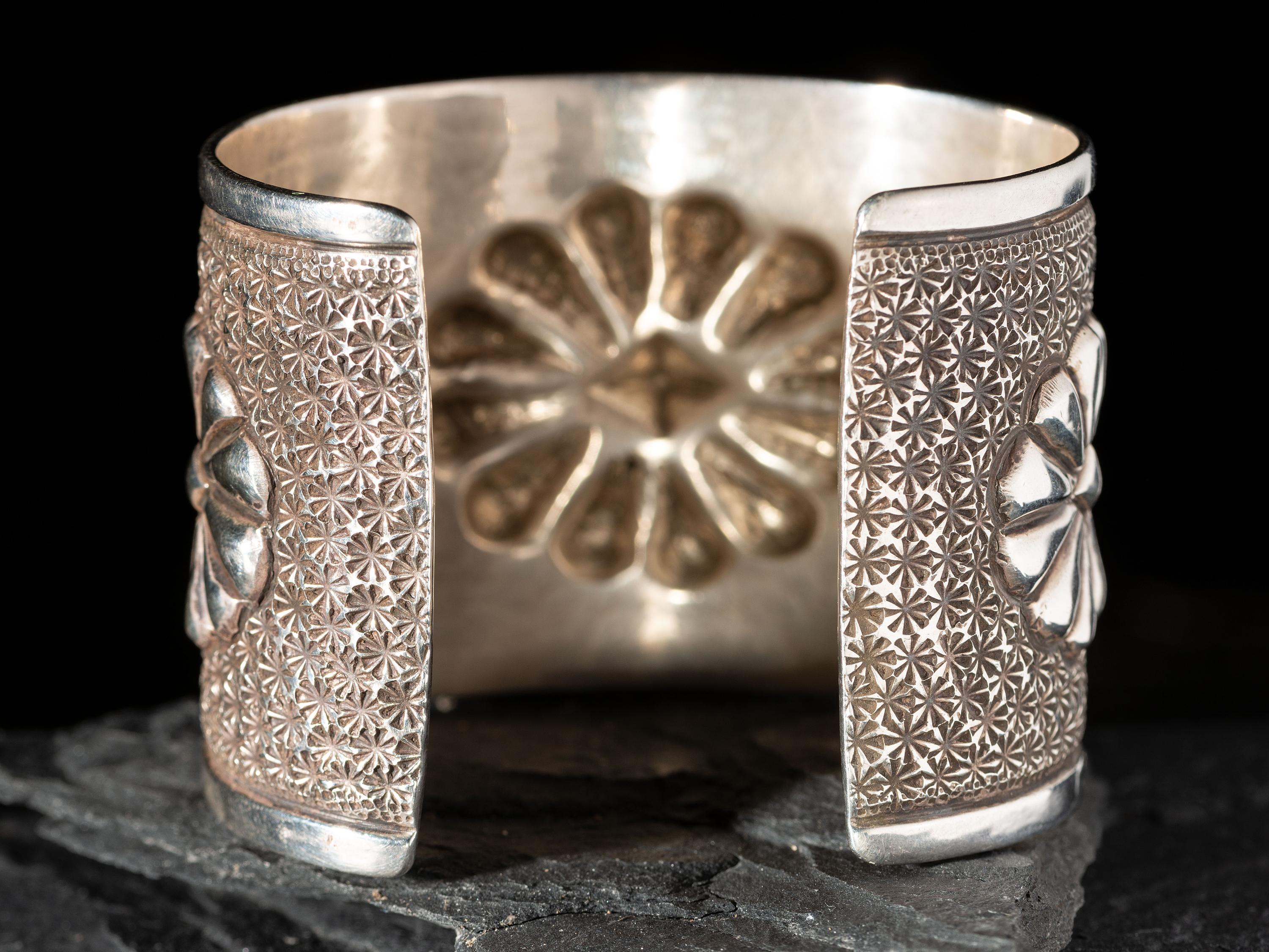 Heavily Stamped Silver Cuff Bracelet, with Repousse Designs