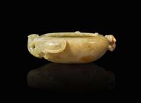 A Chinese carved jadeite "Qilongs" water coupe, Qing dynasty, 19th to early 20h century 翡翠螭龍水洗 清 十九至二十世紀初