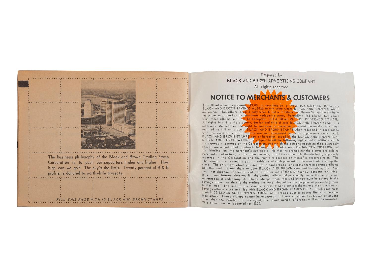 [BUSINESS - MUSIC]. Black and Brown Stamp Album . San Francisco, CA: Black & Brown Trading Stamp Corporation, [1969]. Promoting black-owned businesses.