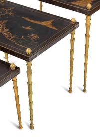 A Set of Three Gilt Metal and Chinese Lacquer Nesting Tables in the Style of Maison Baguès