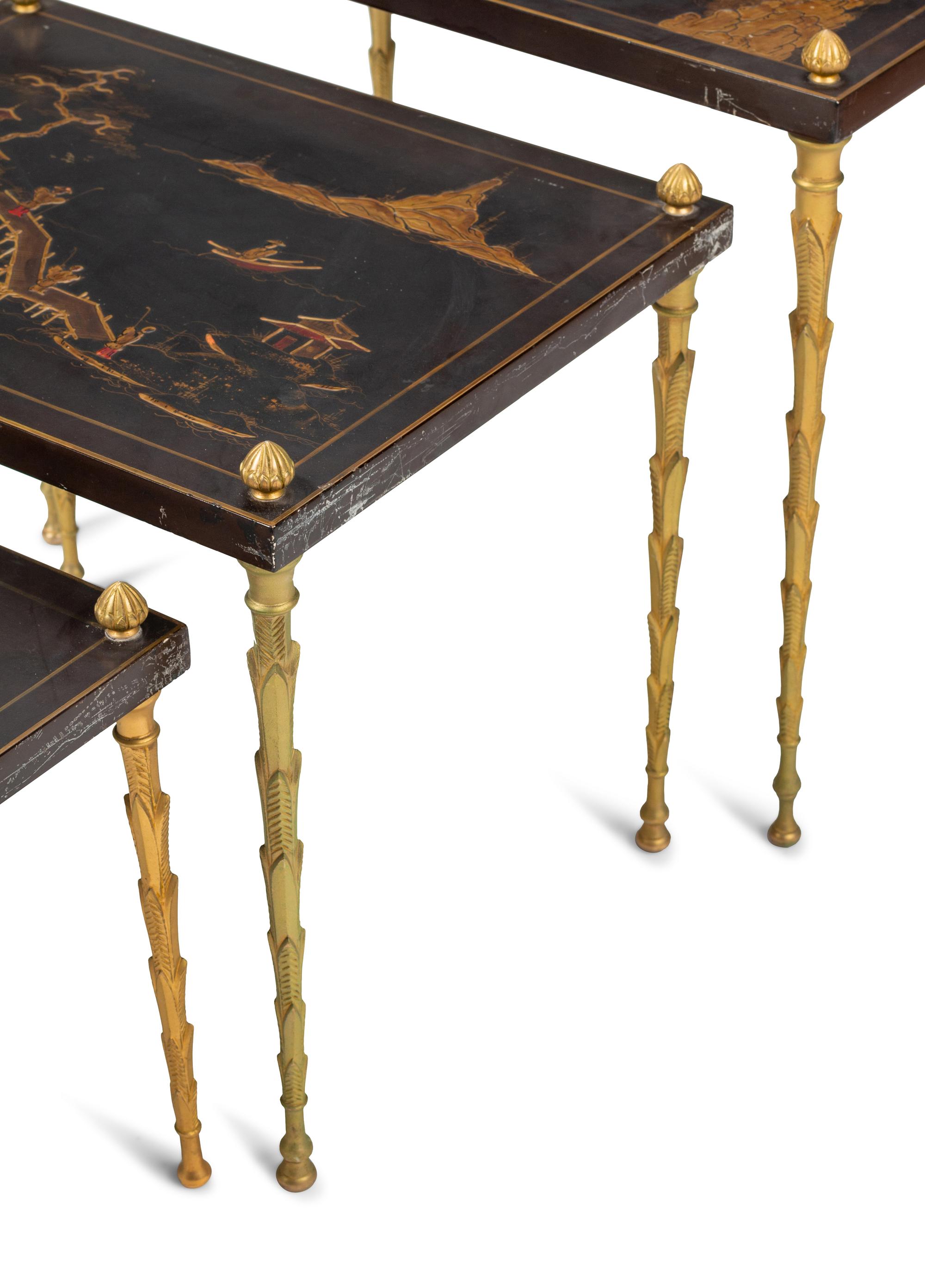 A Set of Three Gilt Metal and Chinese Lacquer Nesting Tables in the Style of Maison Baguès