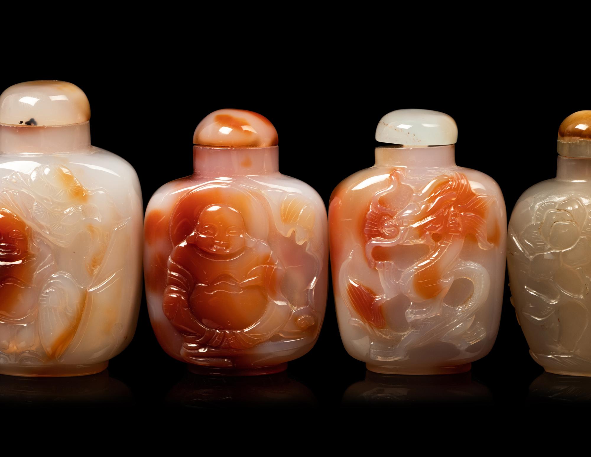 Four Large Chinese Carved Agate Snuff Bottles