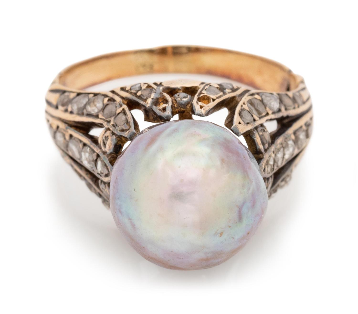 A Yellow Gold, Cultured Pearl and Diamond Ring,