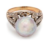 A Yellow Gold, Cultured Pearl and Diamond Ring,