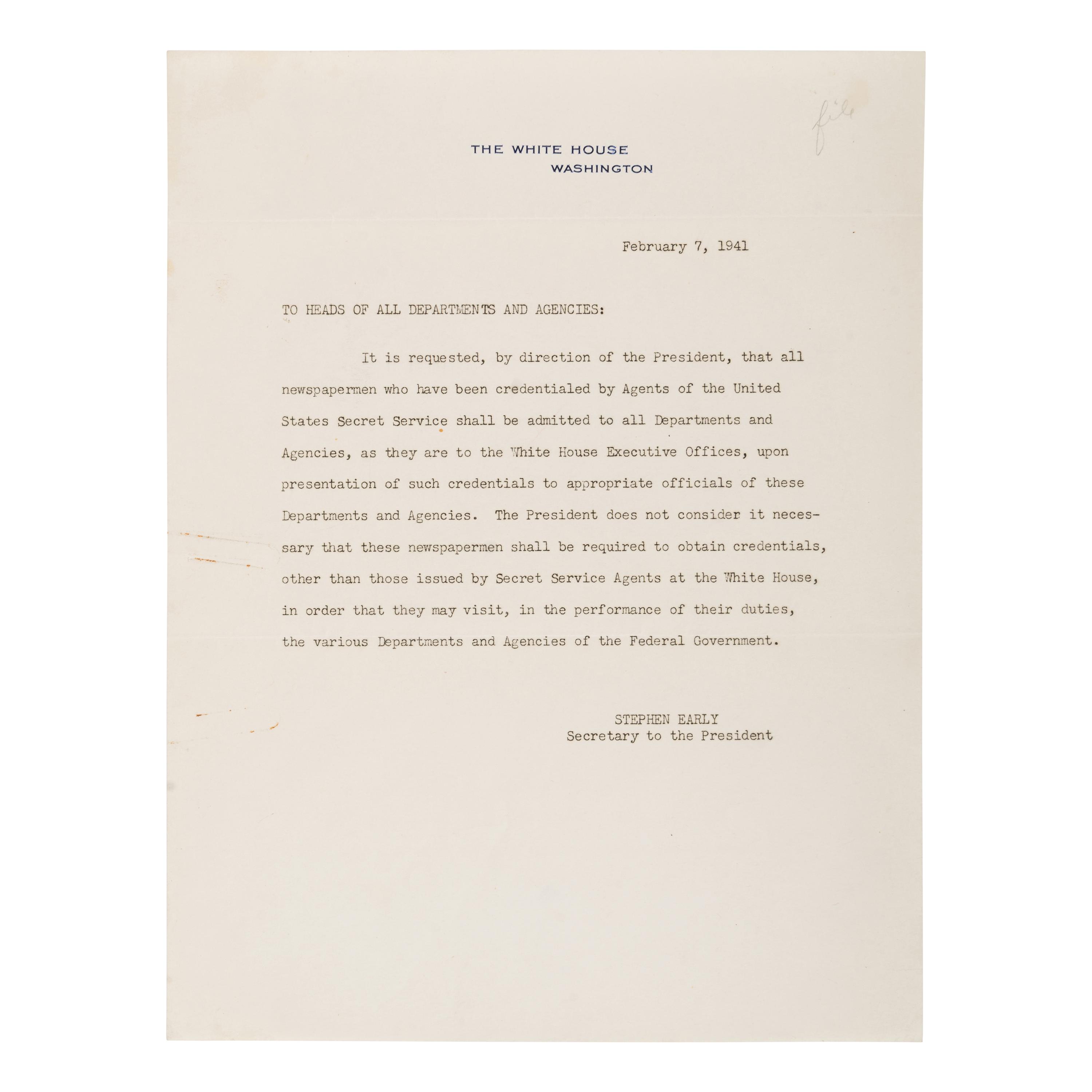 [WWII]. A small archive of official White House documents from the files of White House secretary Myrtle Bergheim, relating to the attack on Pearl Harbor and other pre- and postwar events, comprising: