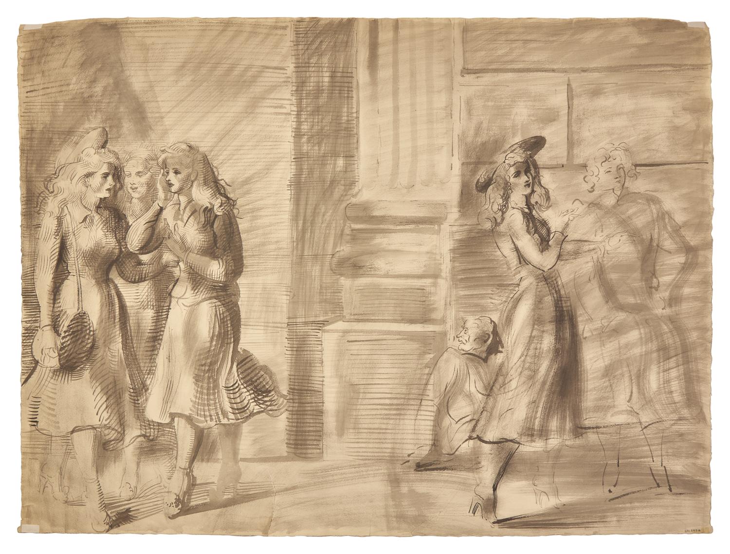 Men and Women Conversing; with Walking Girls (A Double-Sided Work)