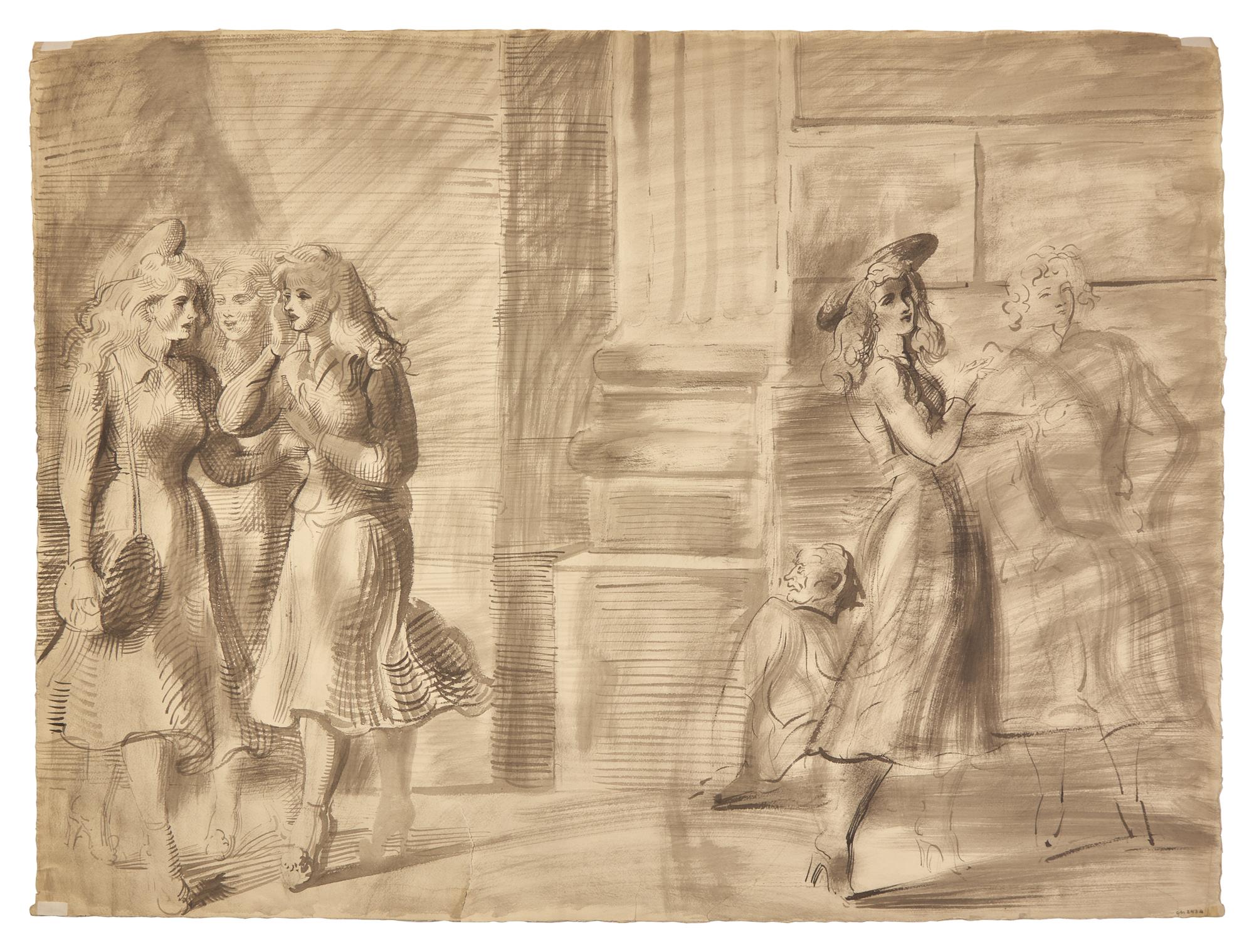 Men and Women Conversing; with Walking Girls (A Double-Sided Work)