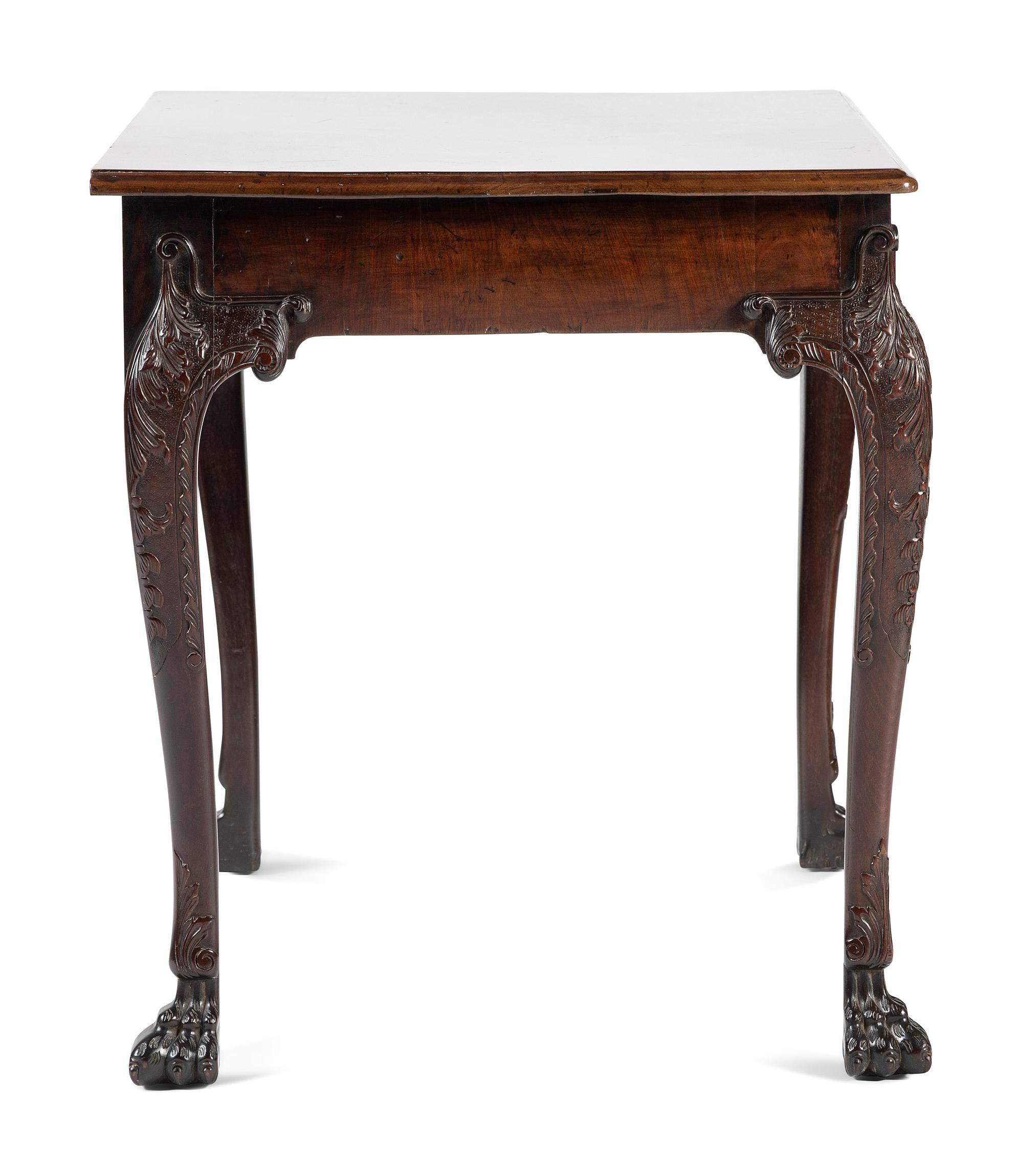 An Irish George III Shell, Acanthus and Bell-Flower Carved and Figured Mahogany Hairy Paw Foot Side Table