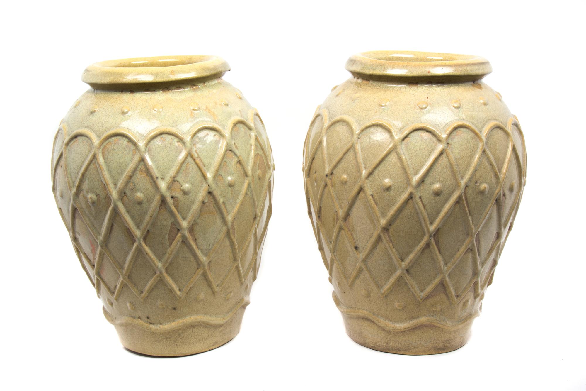 A Pair of Putty Glazed Ceramic Jardinieres Height 19 inches. — 20TH CENTURY