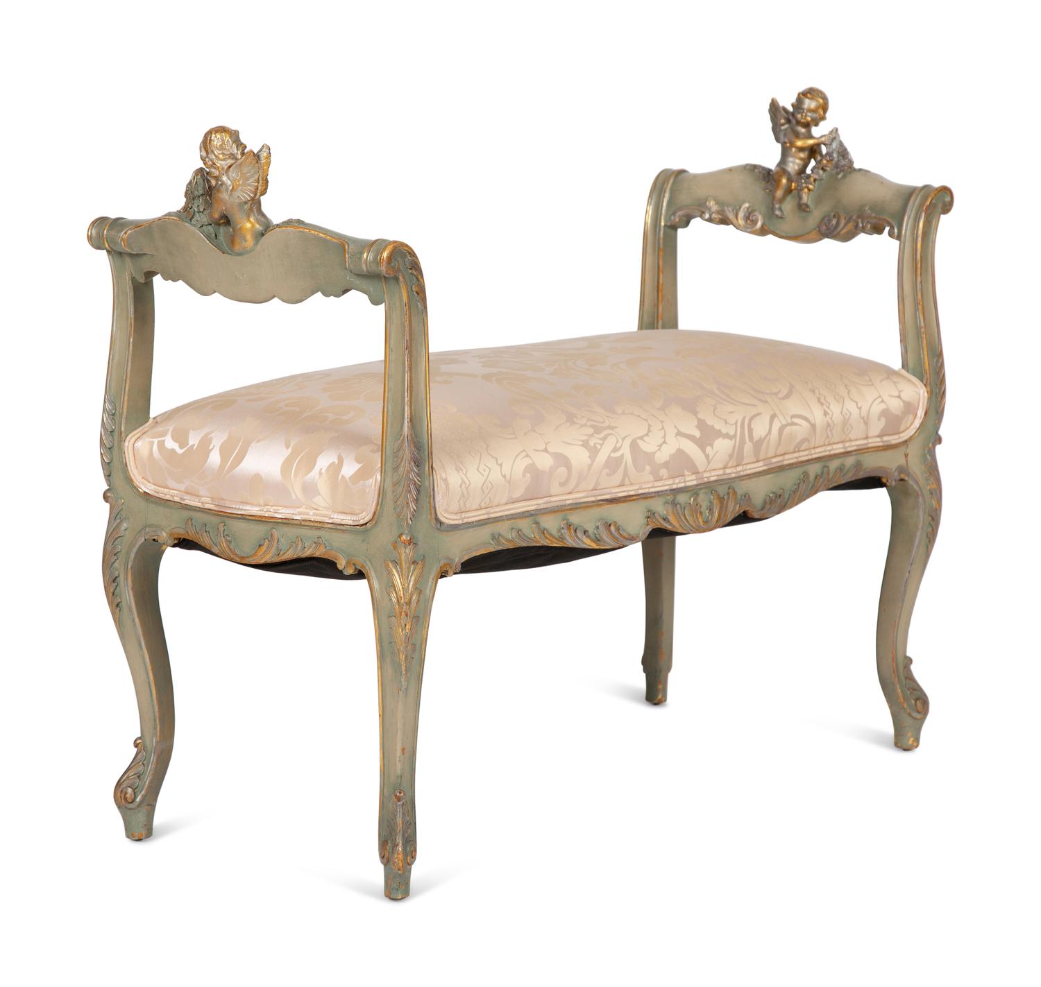 A Continental Painted and Parcel Gilt Bench