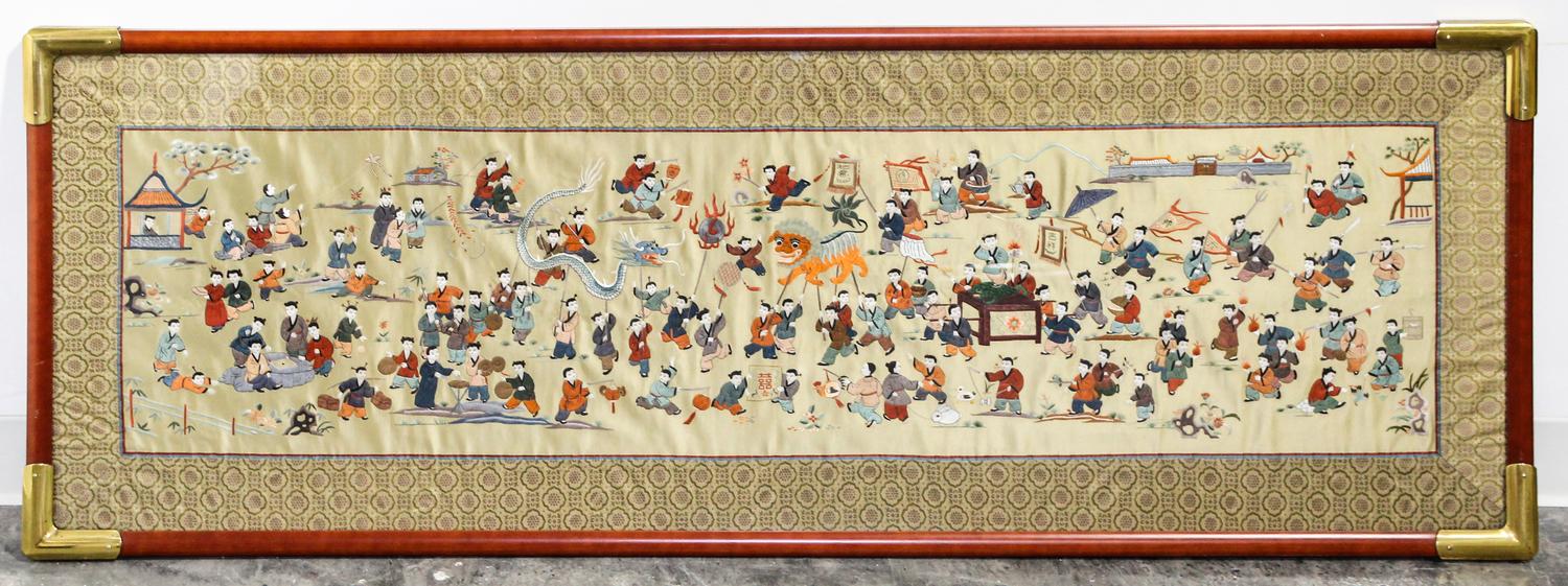 A Chinese Silk Embroidered Panel 22 x 61 inches (overall).