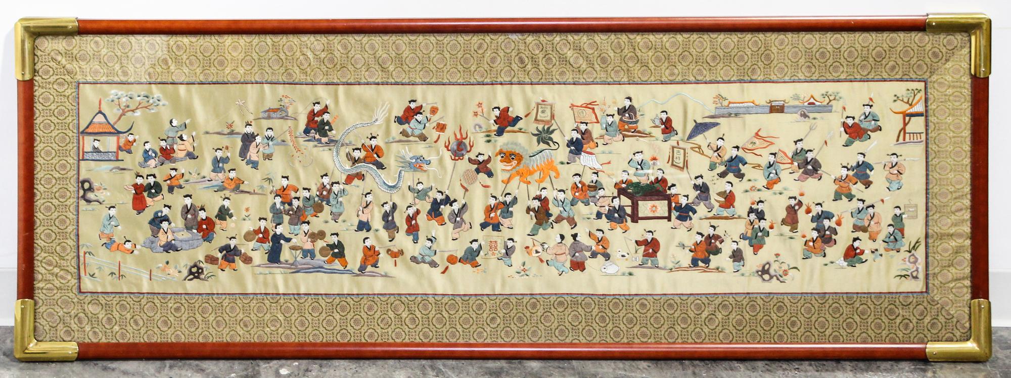 A Chinese Silk Embroidered Panel 22 x 61 inches (overall).