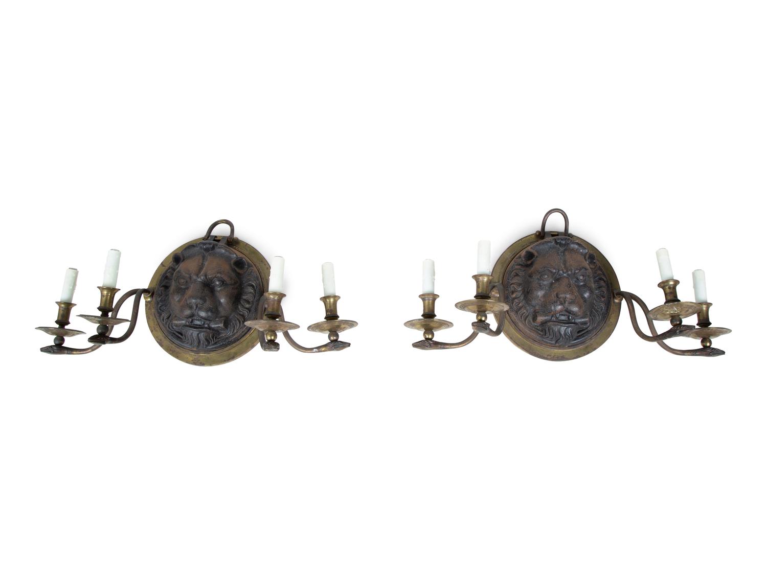 A Pair of Regency Style Iron and Brass Sconces with Lion Masks and Serpent Branches — 19TH CENTURY