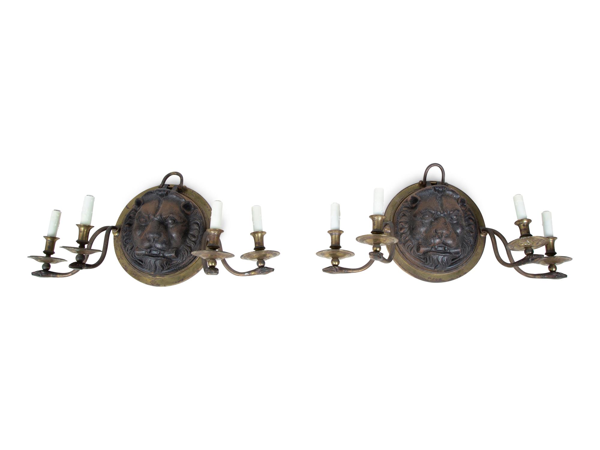 A Pair of Regency Style Iron and Brass Sconces with Lion Masks and Serpent Branches — 19TH CENTURY