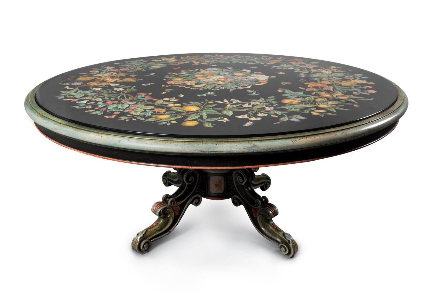 An Italian Scagiola and Polychromed Wood Circular Pedestal Table