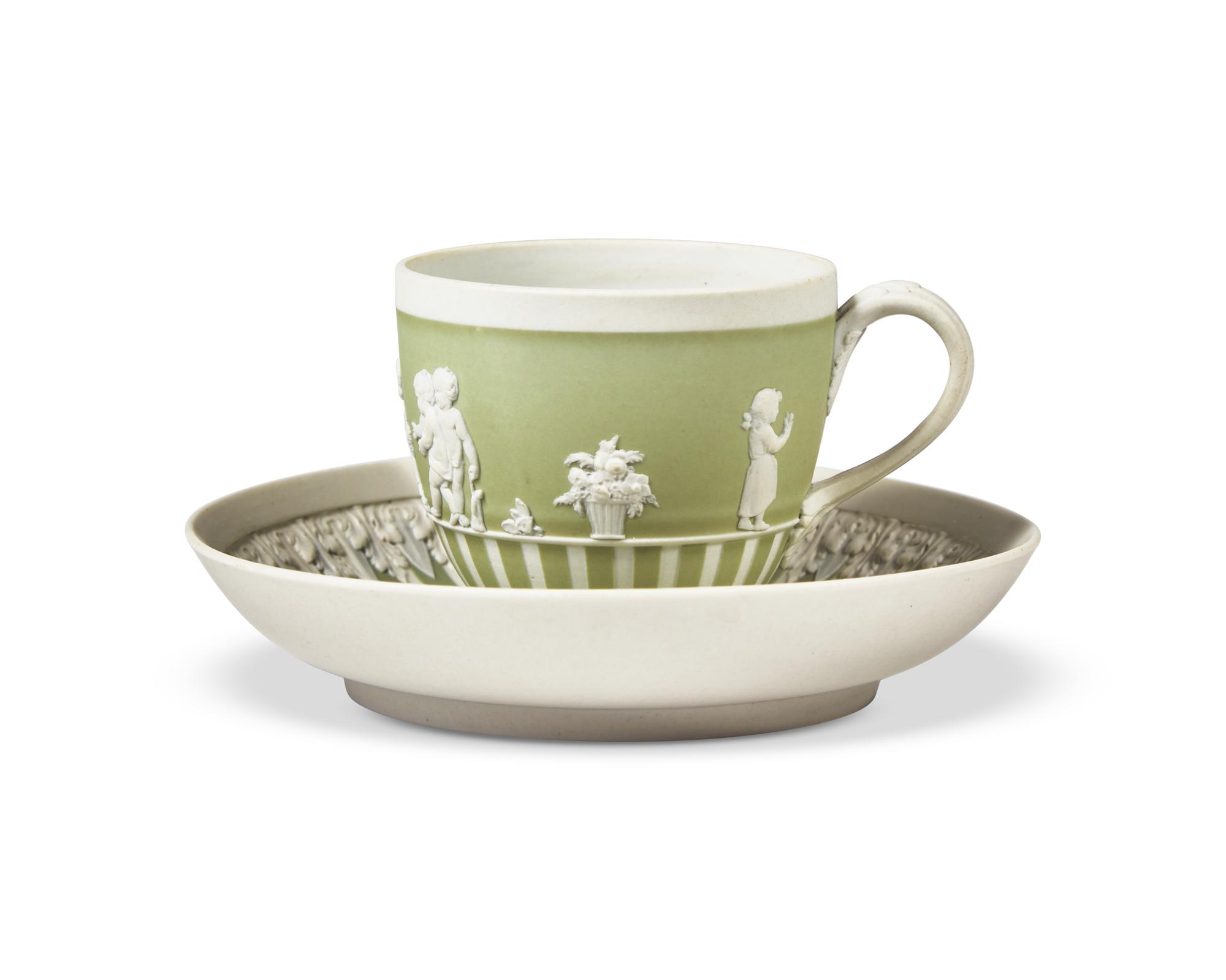 A Wedgwood Green Dip Jasperware Cup and Saucer