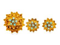 A 14 Karat Yellow Gold and Turquoise Floral Motif Demi-Parure, German,