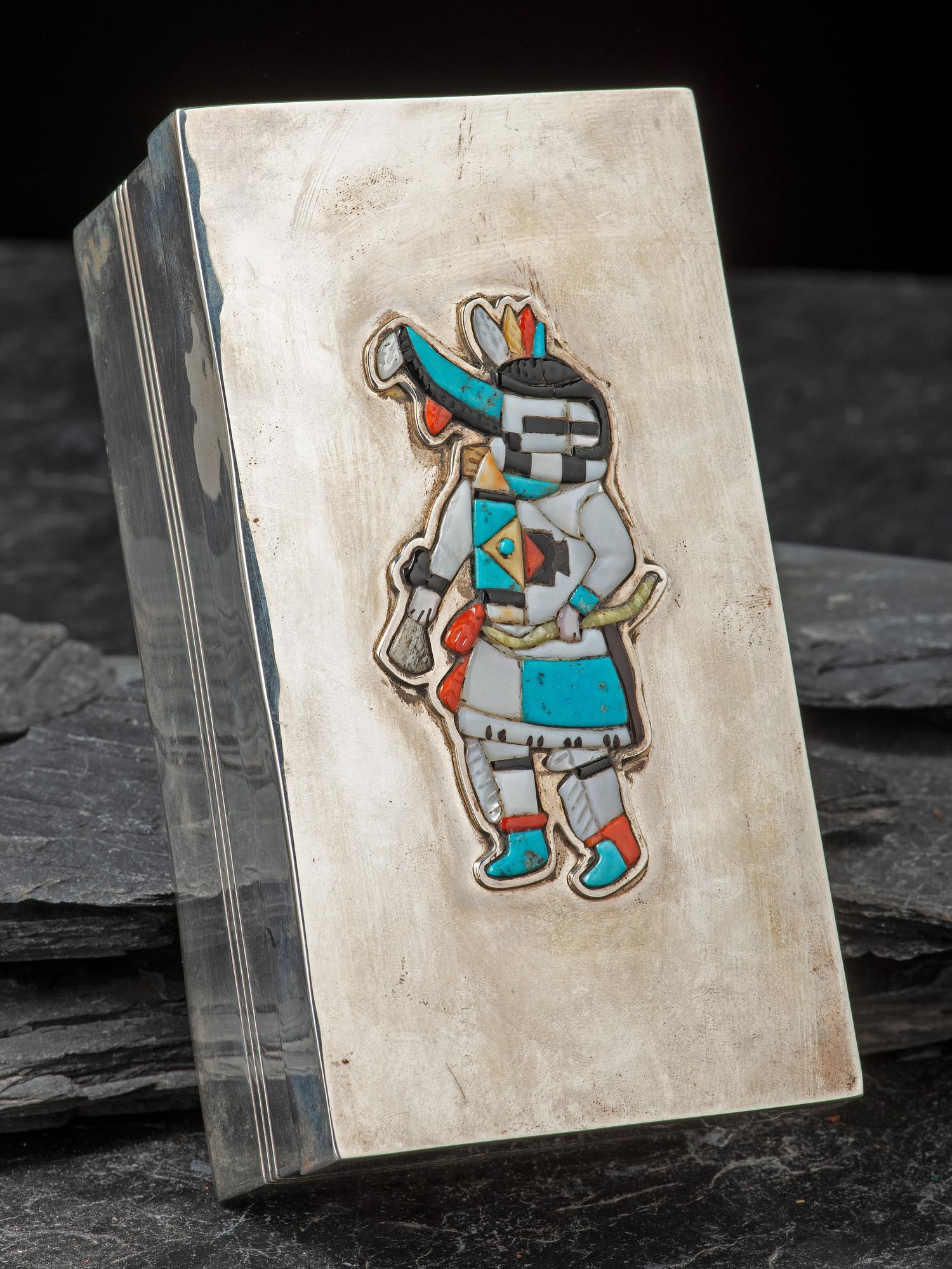 Mosaic Inlay Long Horn Katsina Figure on Navajo Sterling Silver Box