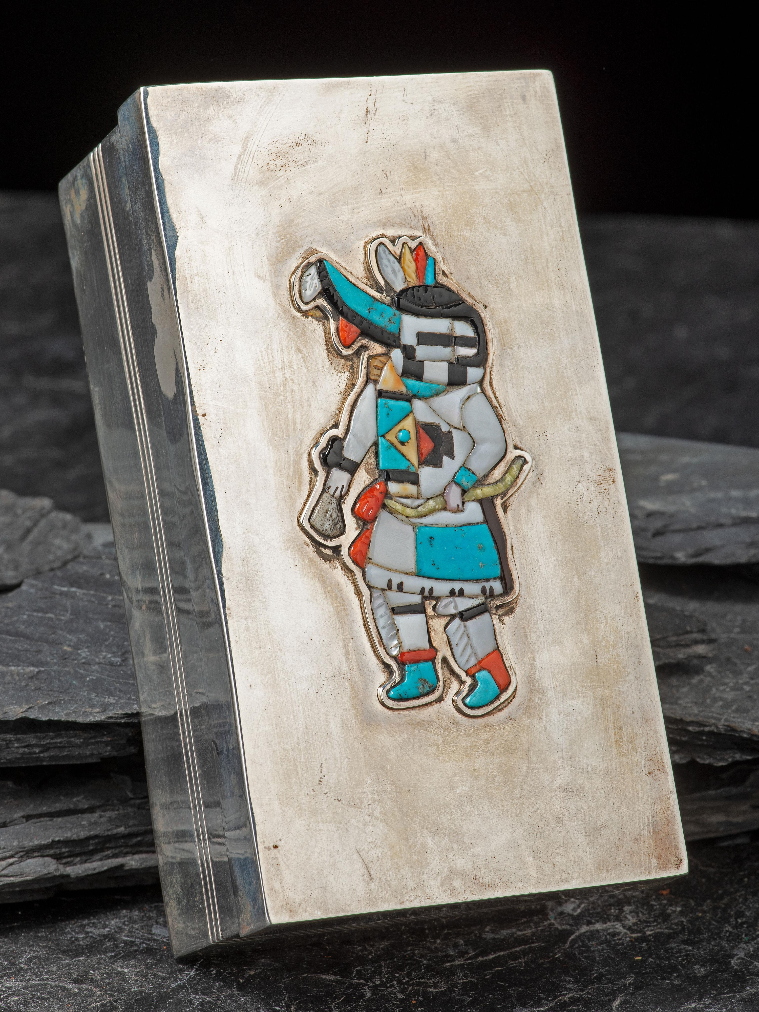 Mosaic Inlay Long Horn Katsina Figure on Navajo Sterling Silver Box