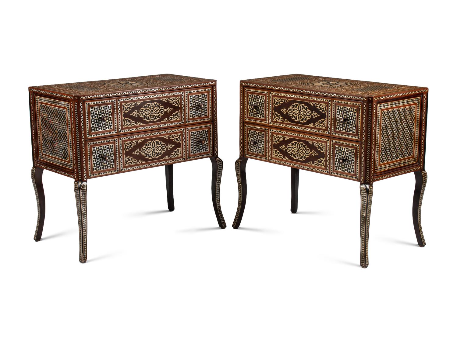 A Pair of Levantine Bone and Mother-of-Pearl Inlaid Marquetry Commodes