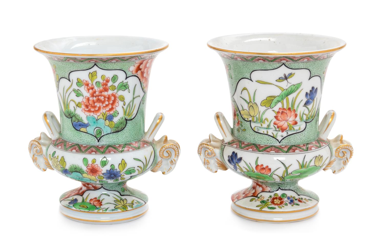 A Pair of Chinese Export Famille Verte Campana-Shaped Porcelain Vases