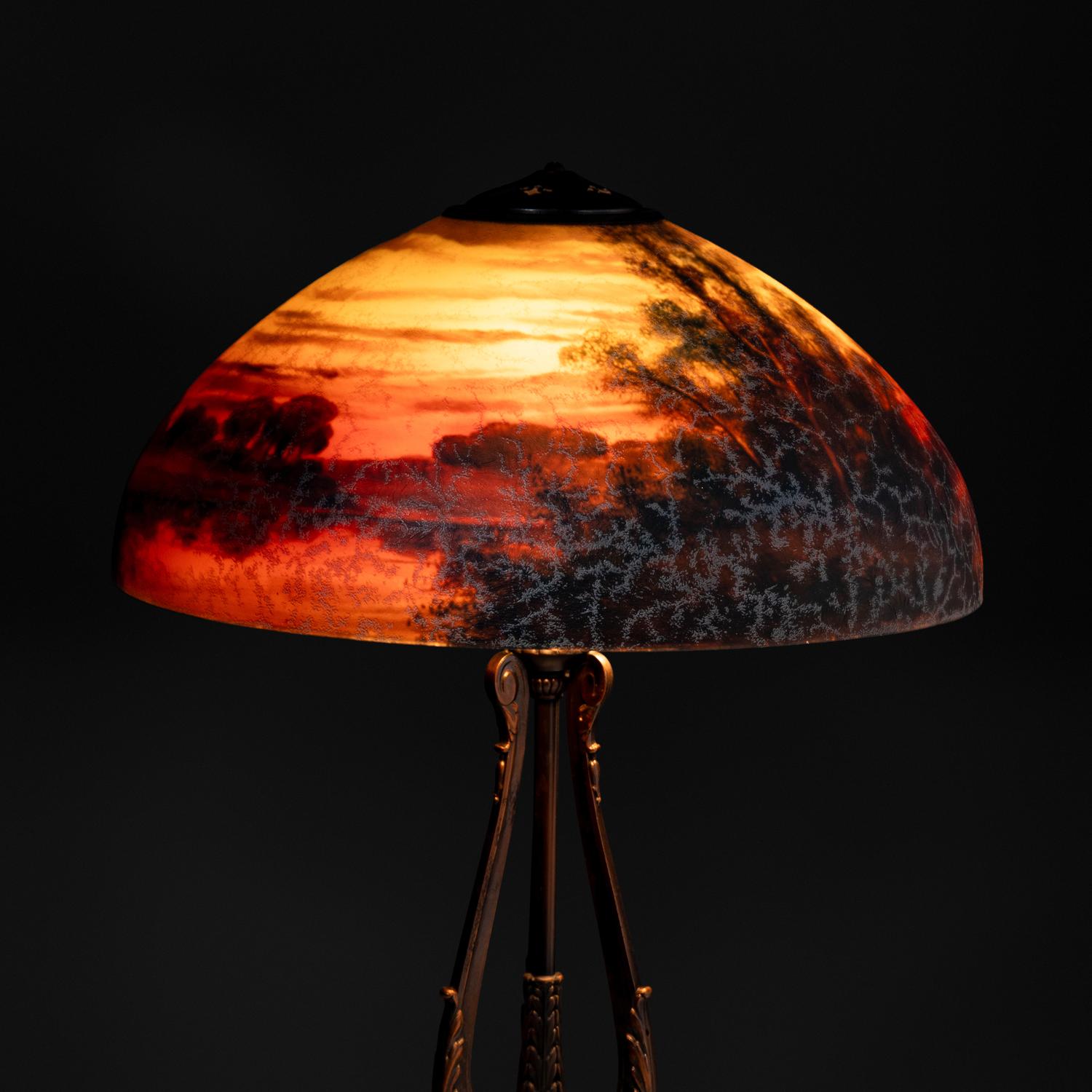 Reverse-painted glass table lamp, wooded landscape
