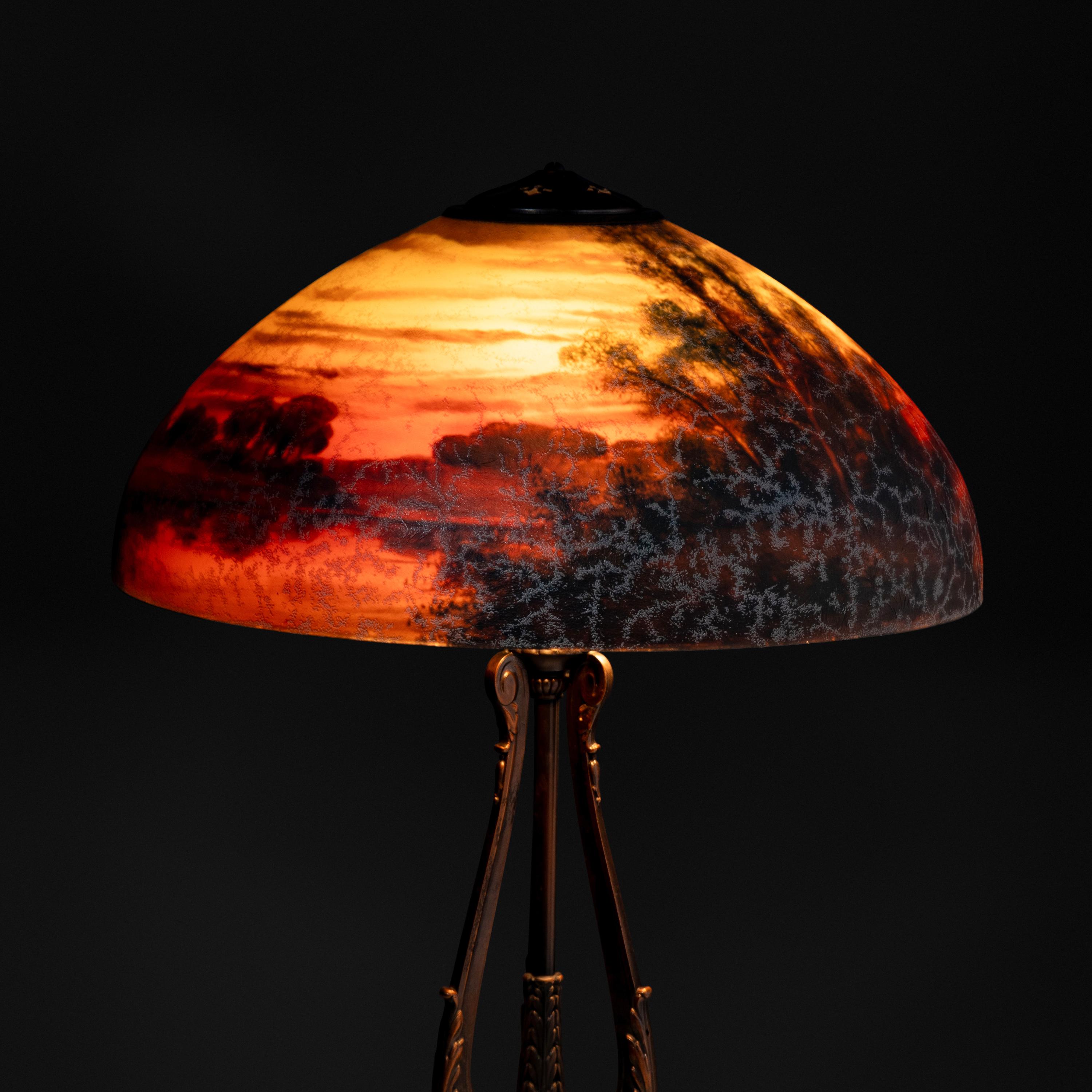 Reverse-painted glass table lamp, wooded landscape