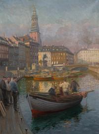 View from Gl. Strand in Copenhagen with fishermen by the canal