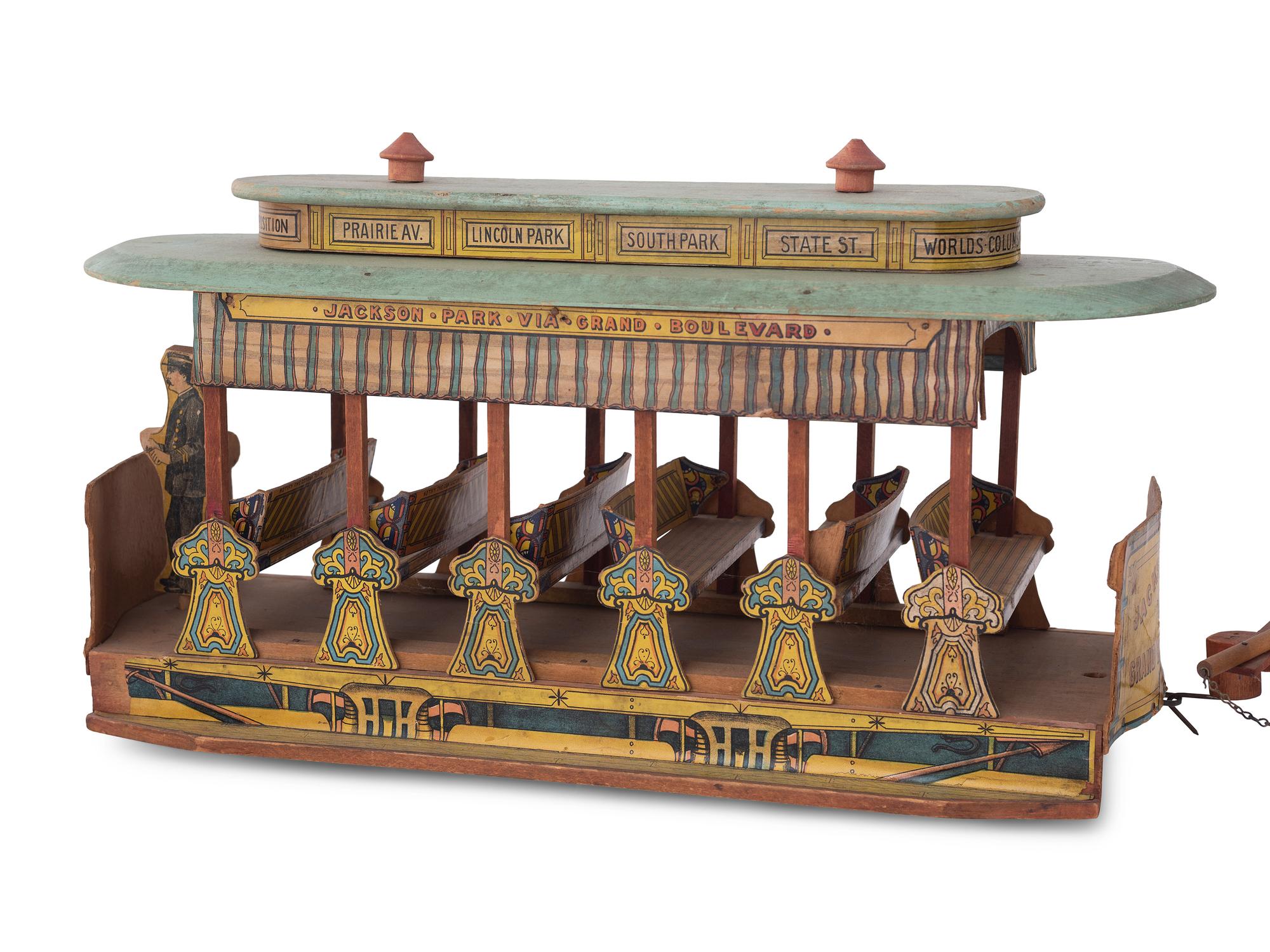 A R. Bliss Manufacturing Columbian Exposition Lithograph Paper on Wood Toy Horse-Drawn Trolley