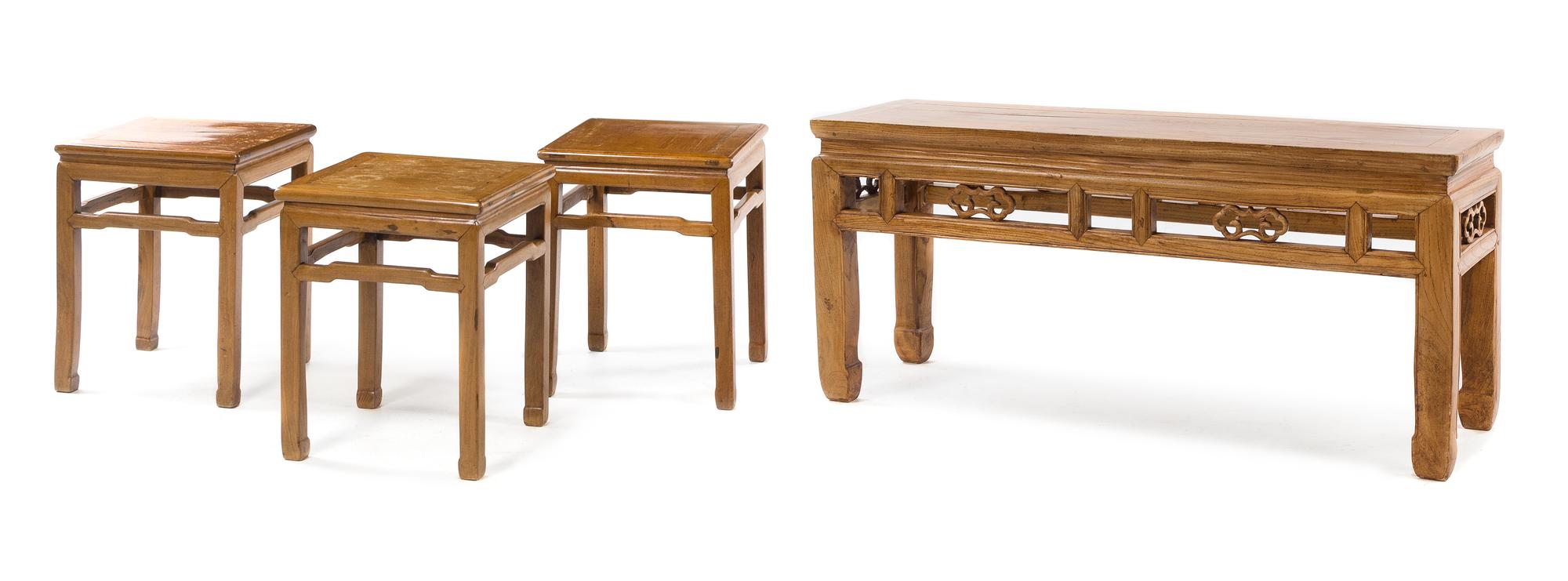A Group of Four Chinese Hardwood Tables Height of larger 20 x width 44 x depth 12 inches.