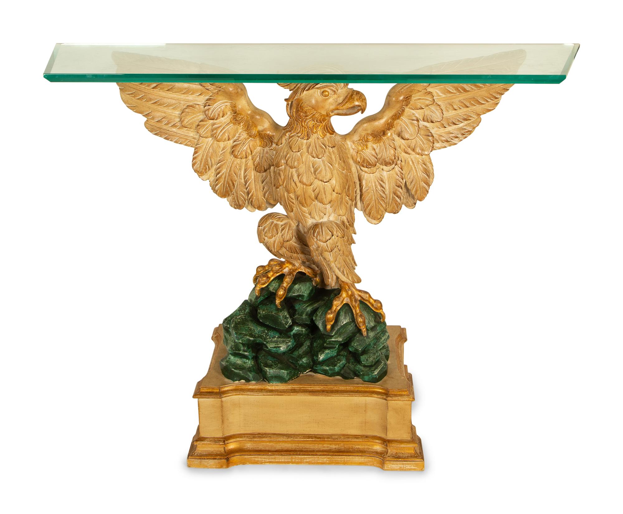 A Georgian Style Carved, Painted and Giltwood Eagle Console Table