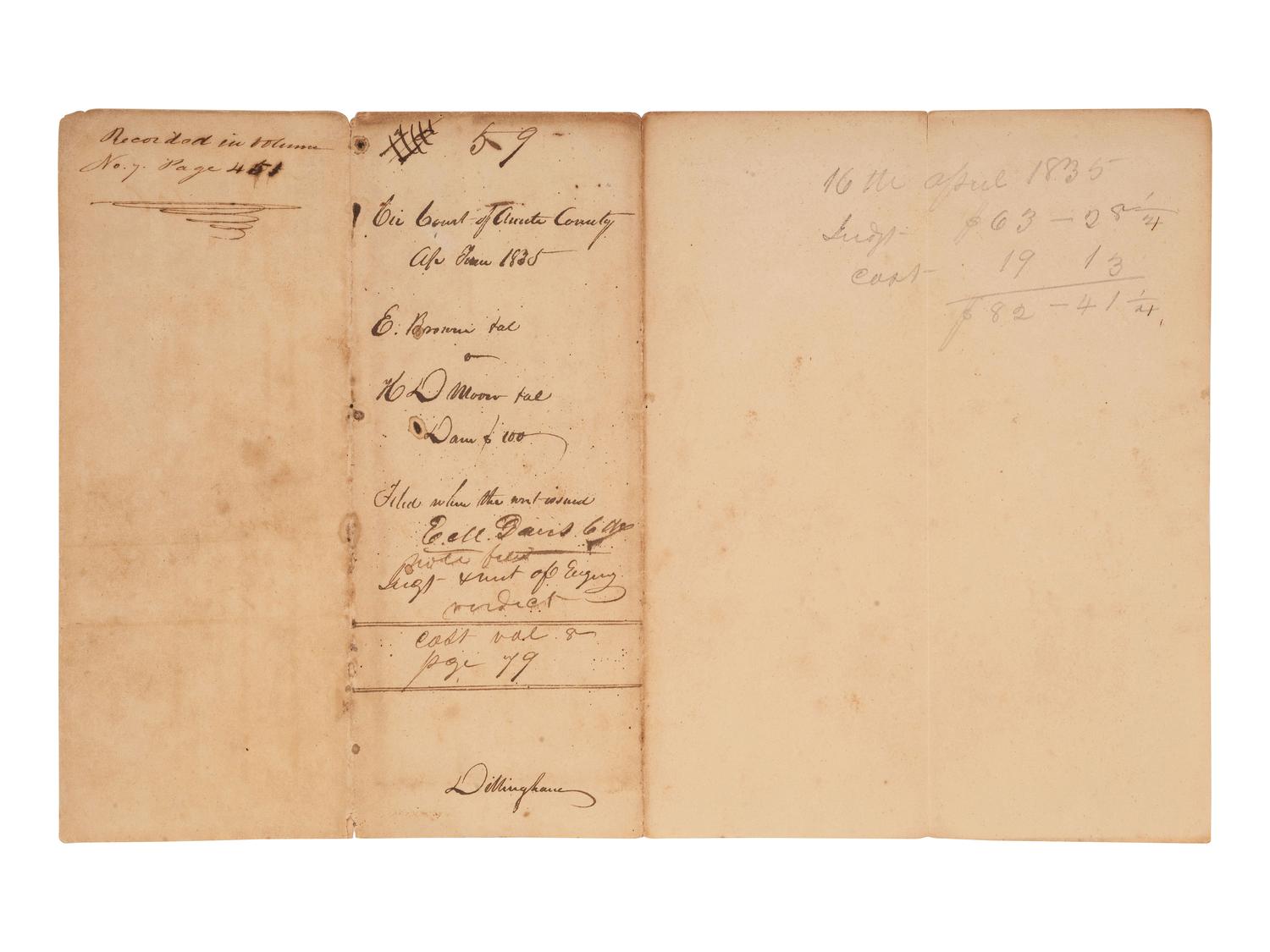 [ENSLAVEMENT & ABOLITION]. Manuscript legal complaint related to the hire of "the negro girl Ellen." Amite County, Mississippi. 4 April 1835.