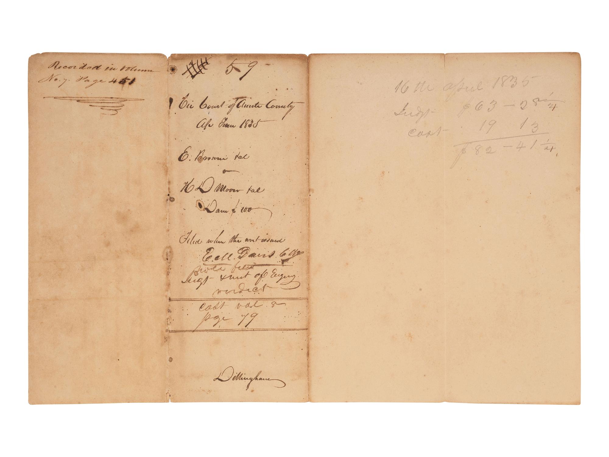 [ENSLAVEMENT & ABOLITION]. Manuscript legal complaint related to the hire of "the negro girl Ellen." Amite County, Mississippi. 4 April 1835.