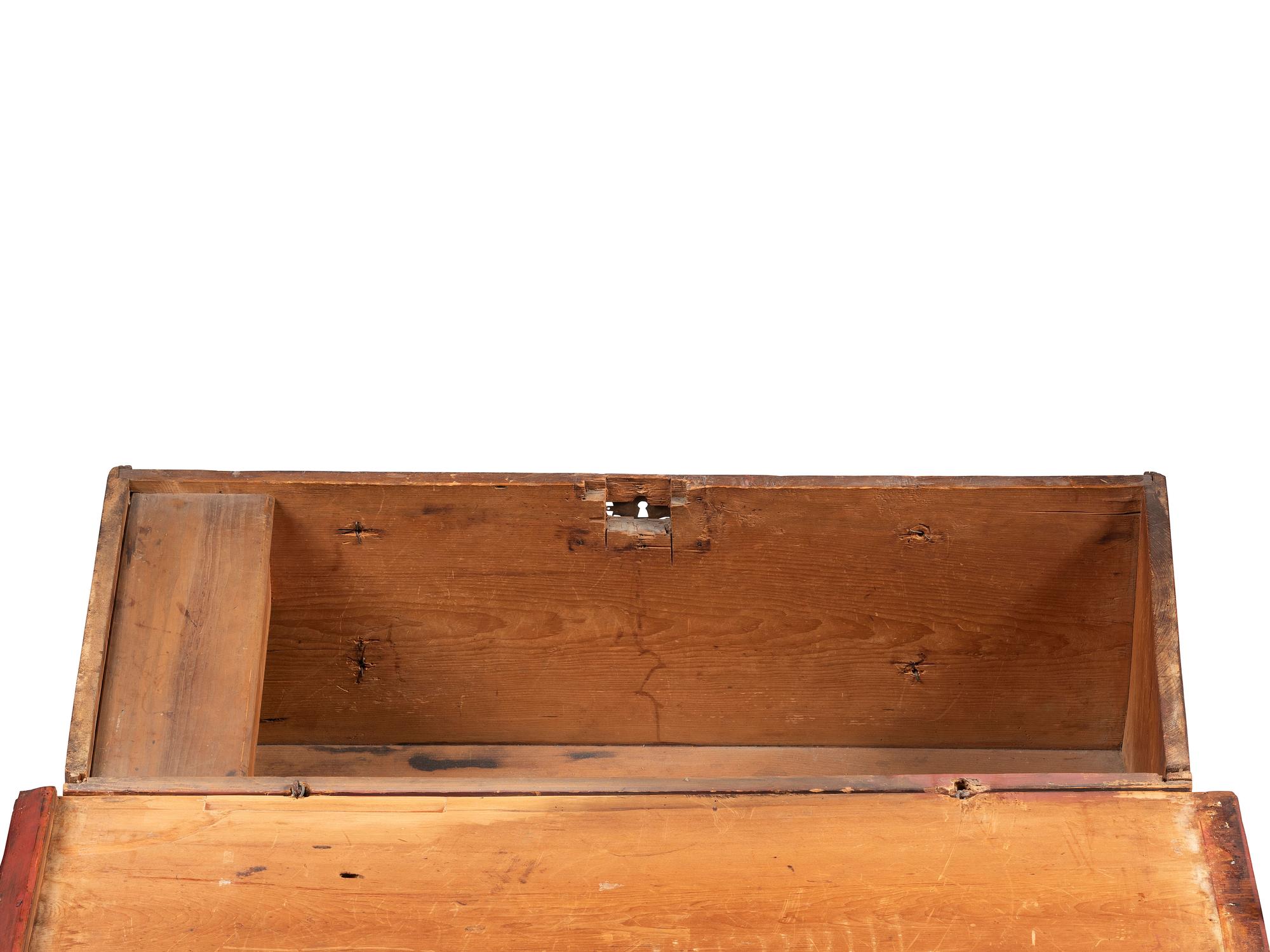 A William and Mary Red Painted Pine Two-Drawer Blanket or Mule Chest