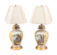 A Pair of German Porcelain Urns Mounted as Lamps
